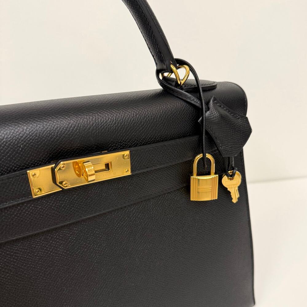 HERMES Kelly 32 Black Epsom Gold Hardware Handbag Leather Top Handle Crossbody - Picture 10 of 13